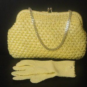 set of 2 VTG Yellow Nylon Handcrochet Handbag, Chain Strap & Matching Gloves